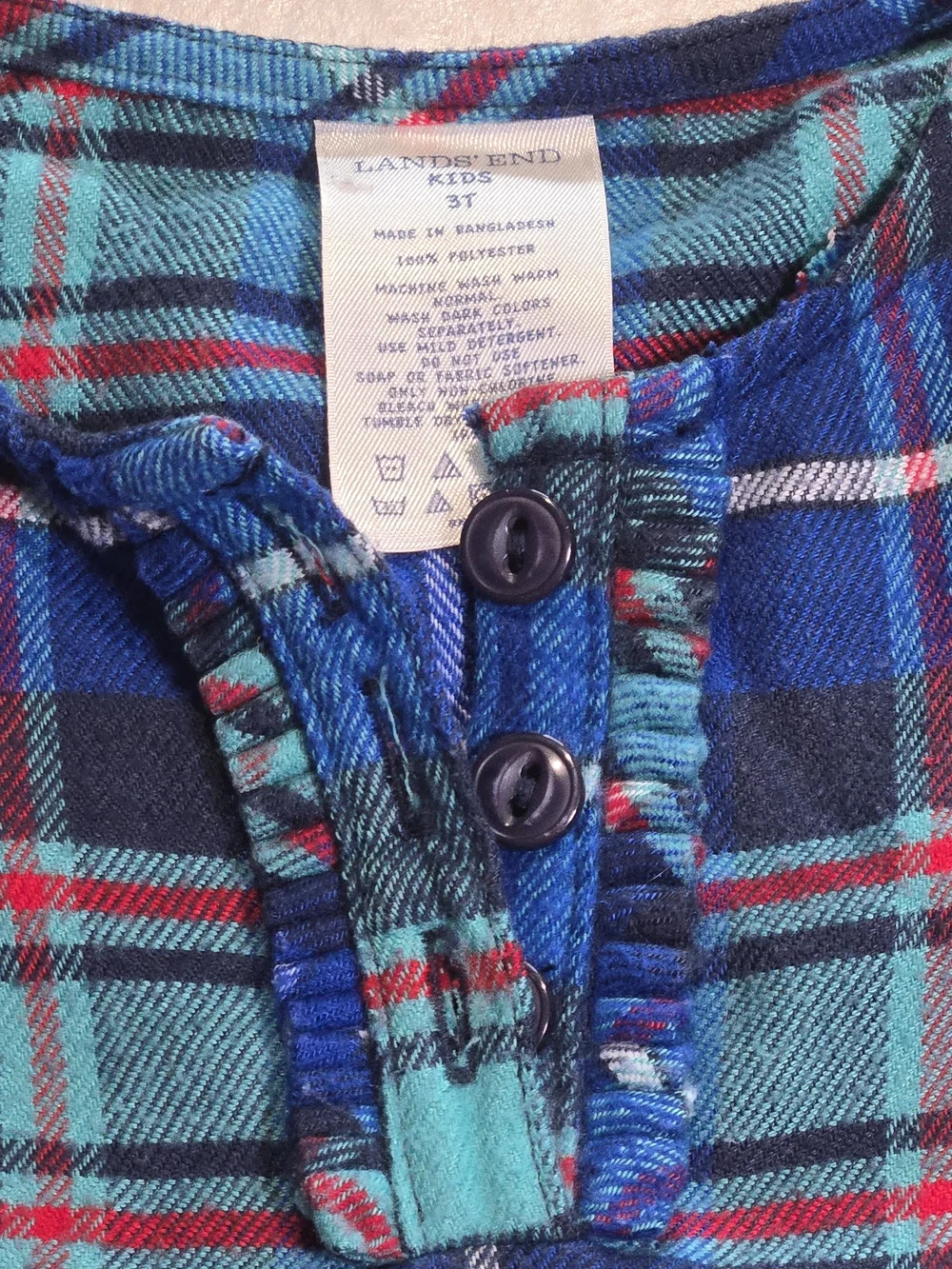 Lands' End Plaid Flannel Nightgown Girls 3T Blue Teal Long Sleeve Cozy Sleepwear